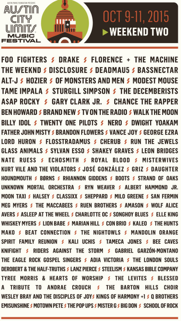 austin city limits 2015 acl lineup weekend 2 two