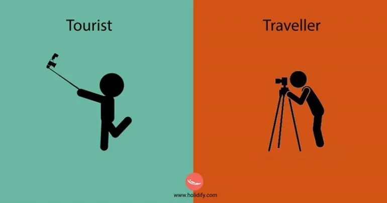 Μινιμαλιστικά Cartoon δείχνουν τις διαφορές μεταξύ ενός τουρίστα και ενός ταξιδιώτη...