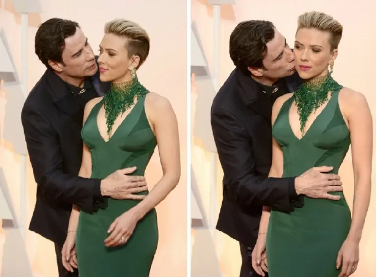 H Scarlett Johansson δεν δείχνει έτοιμη για το φιλί του Travolta