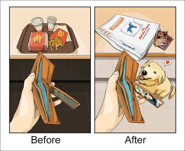 an amusing illustrated comparison of life before and after owning a dog
