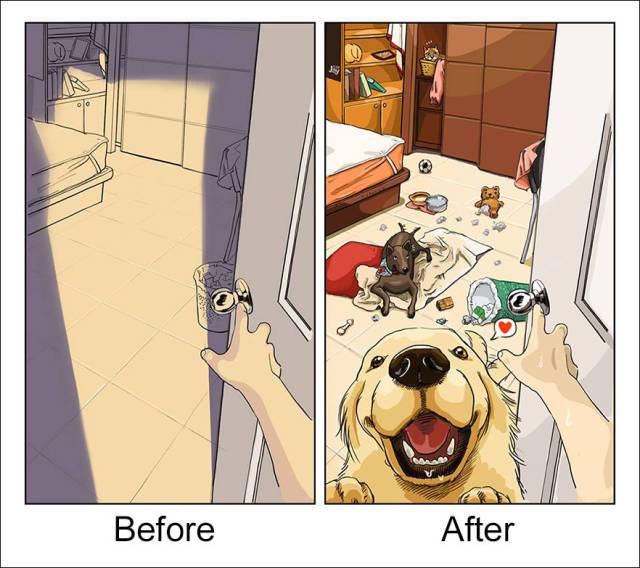 an amusing illustrated comparison of life before and after owning a dog 640 01