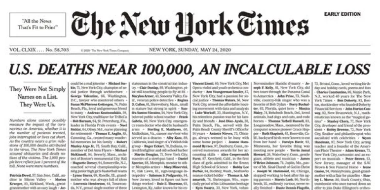 Συγκλονιστικό πρωτοσέλιδο των New York Times για τα θύματα του κορωνοϊού στις ΗΠΑ
